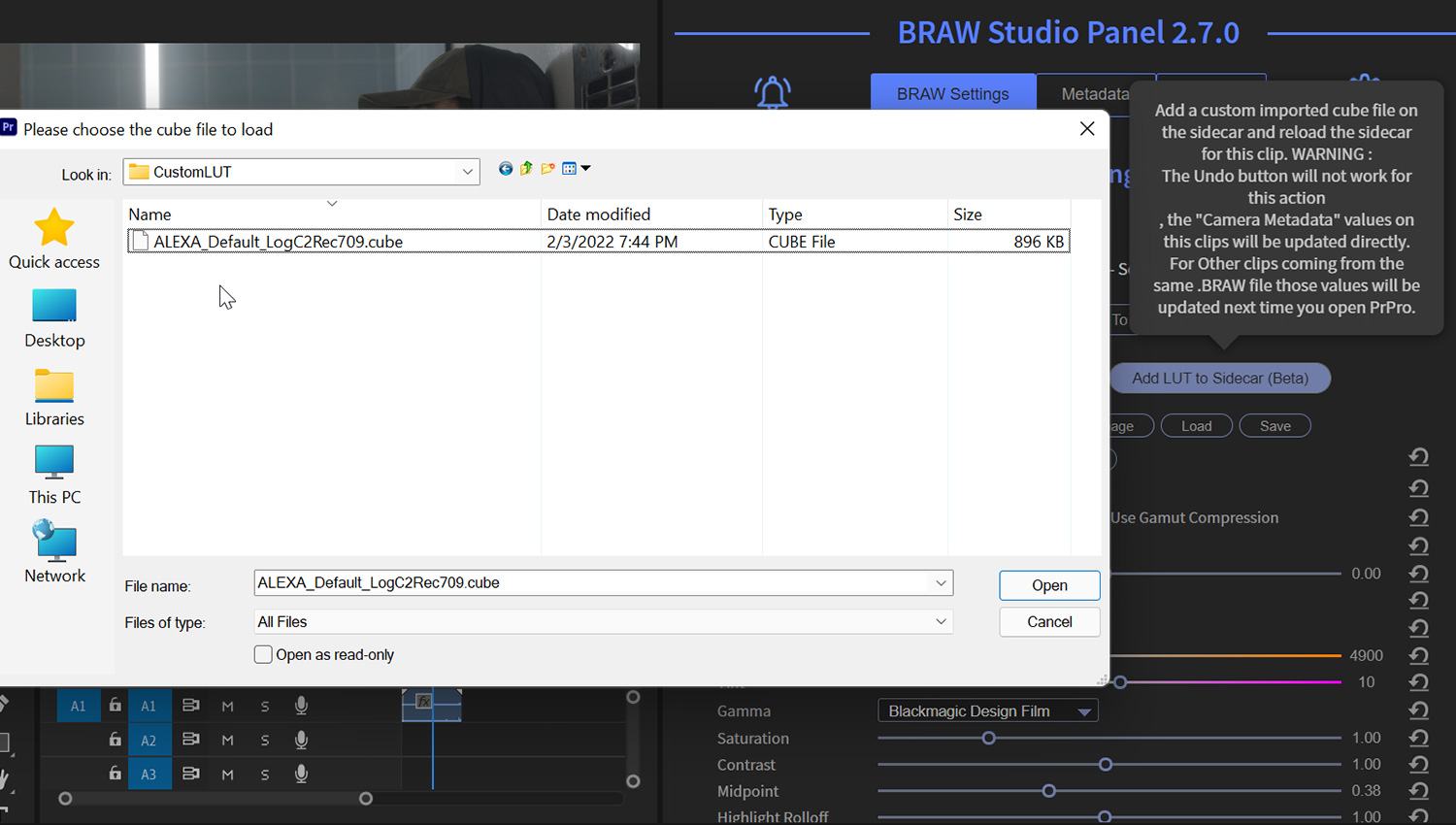 Autokroma BRAW Studio Custom LUT Choose LUT cube File